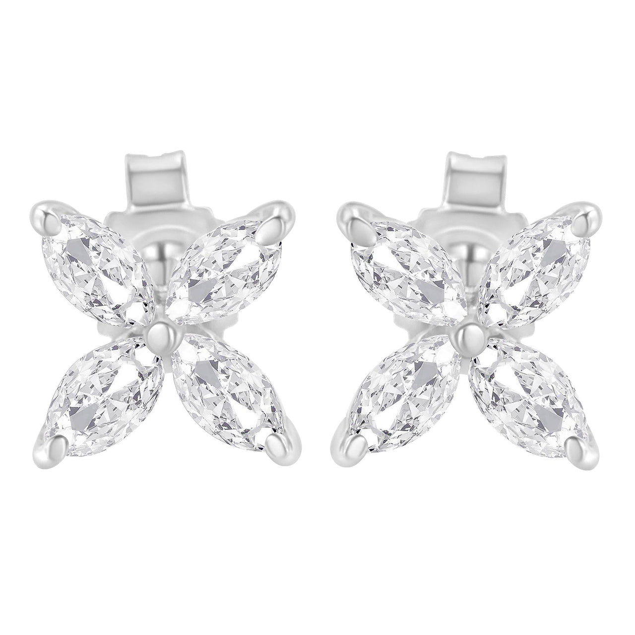 14K Gold Marquise Diamond 8 Stone Floral Leaf Stud Earrings (I-J Color, SI2-I1 Clarity)