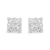 14K White Gold 1/2 Cttw Invisible-Set Princess Diamond Quad Cluster Stud Earrings (H-I Color, SI1-SI2 Clarity)