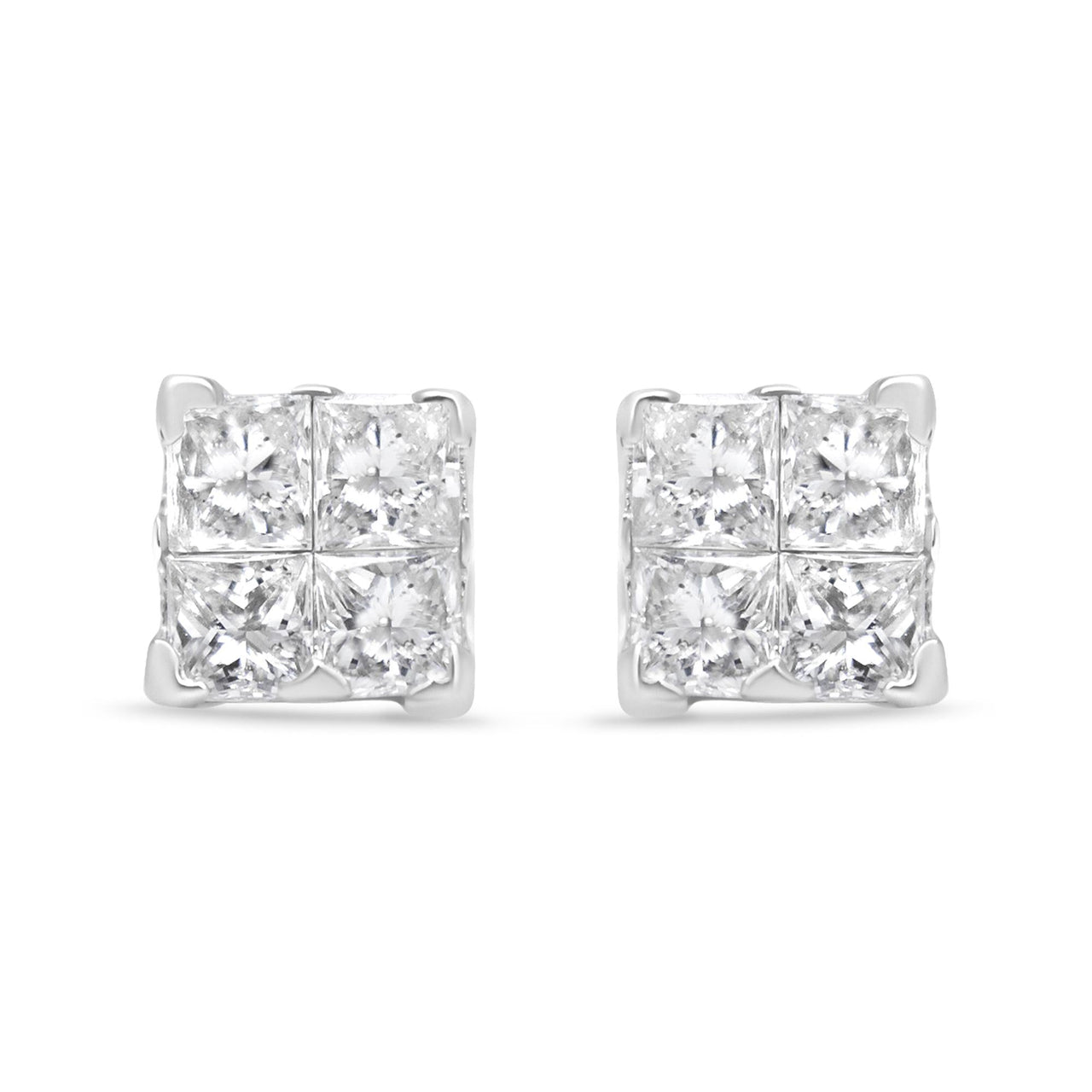 .925 Sterling Silver 5/8 Cttw Princess Cut Diamond Invisible Set Quad Composite Stud Earrings (I-J Color, I2-I3 Clarity)