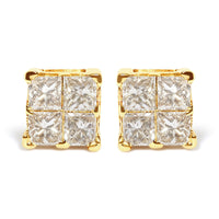 14K Yellow Gold 3/4 Cttw Invisible Set Princess-Cut Diamond 4 Stone Square Stud Earrings (J-K Color, SI2-I1 Clarity)