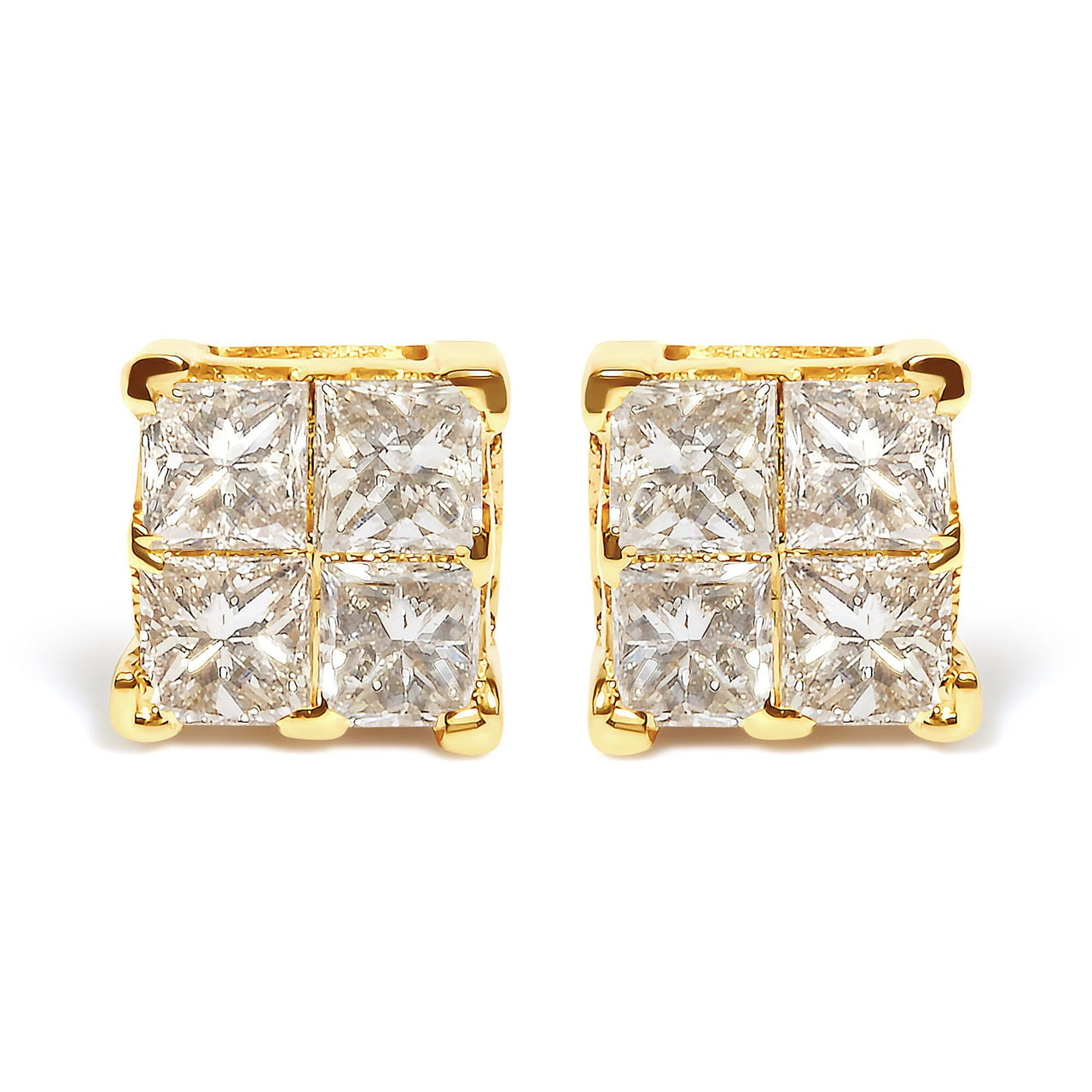 10K Yellow Gold 3/4 Cttw Invisible Set Princess-Cut Diamond Composite Square Stud Earrings (I-J Color, I2-I3 Clarity)