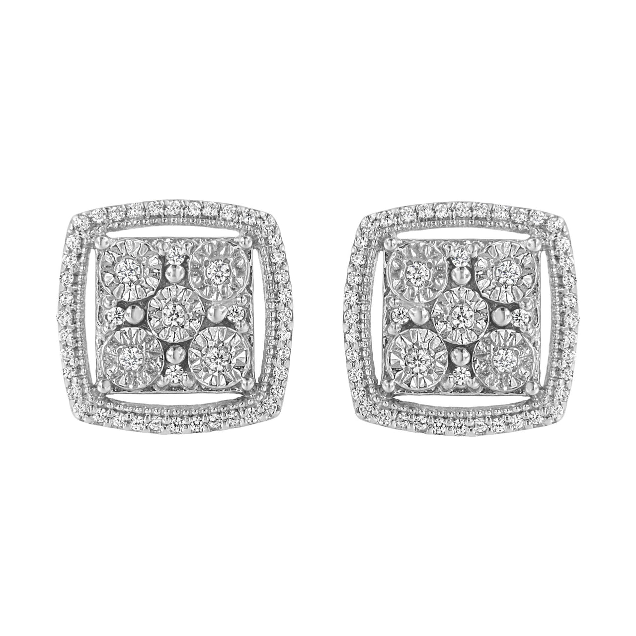 .925 Sterling Silver 3/8 Cttw Miracle Set Round Diamond Double Halo Cluster Earrings (I-J Color, I2-I3 Clarity)