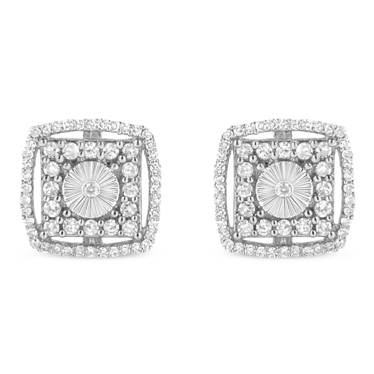 .925 Sterling Silver 1.0 Cttw Round Diamond Double Halo and Disc Stud Earring (I-J Color, I2-I3 Clarity)