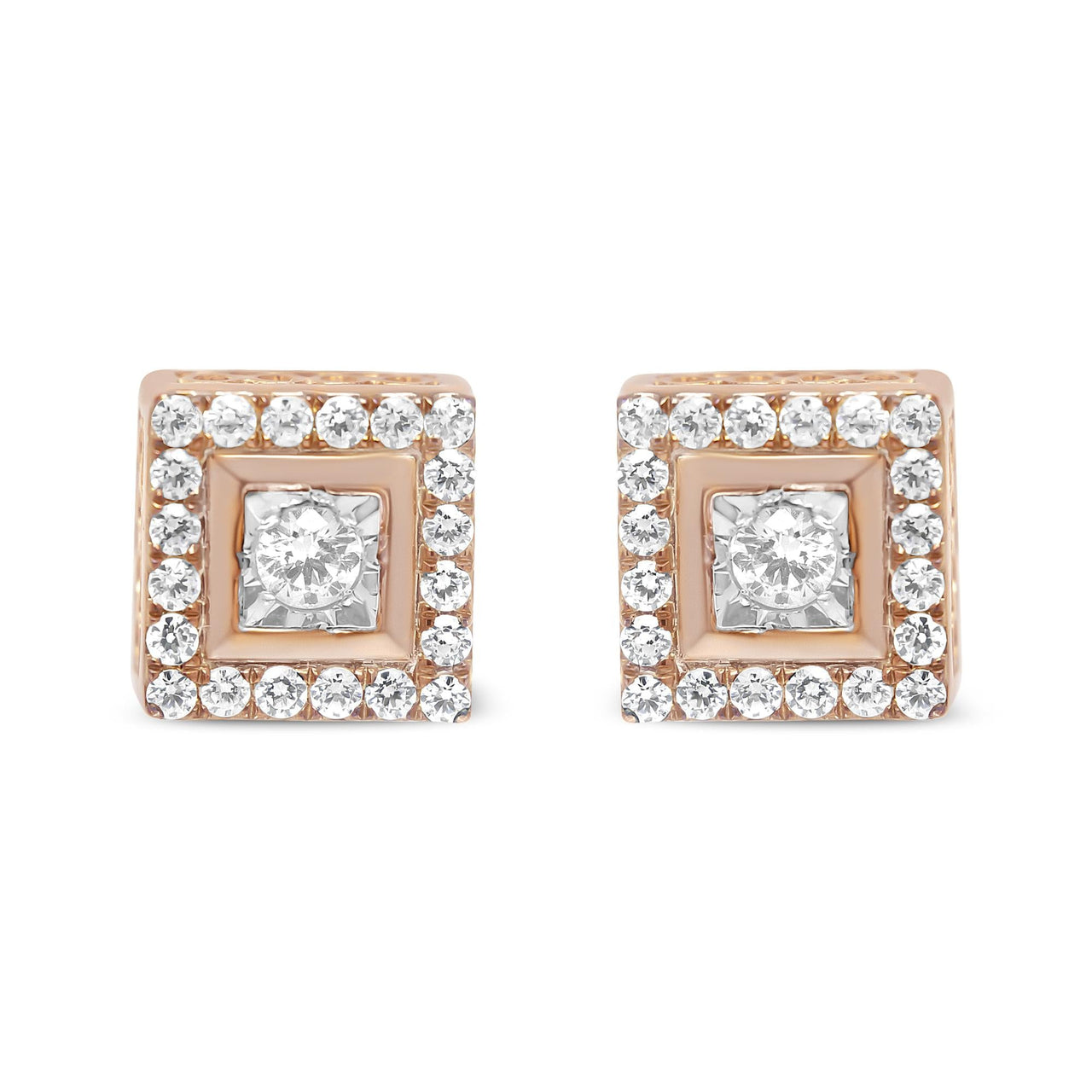 14K Rose Gold Plated .925 Sterling Silver 1/2 Cttw Diamond Halo Square-Shaped Frame Stud Earring (I-J Color, I3 Clarity)