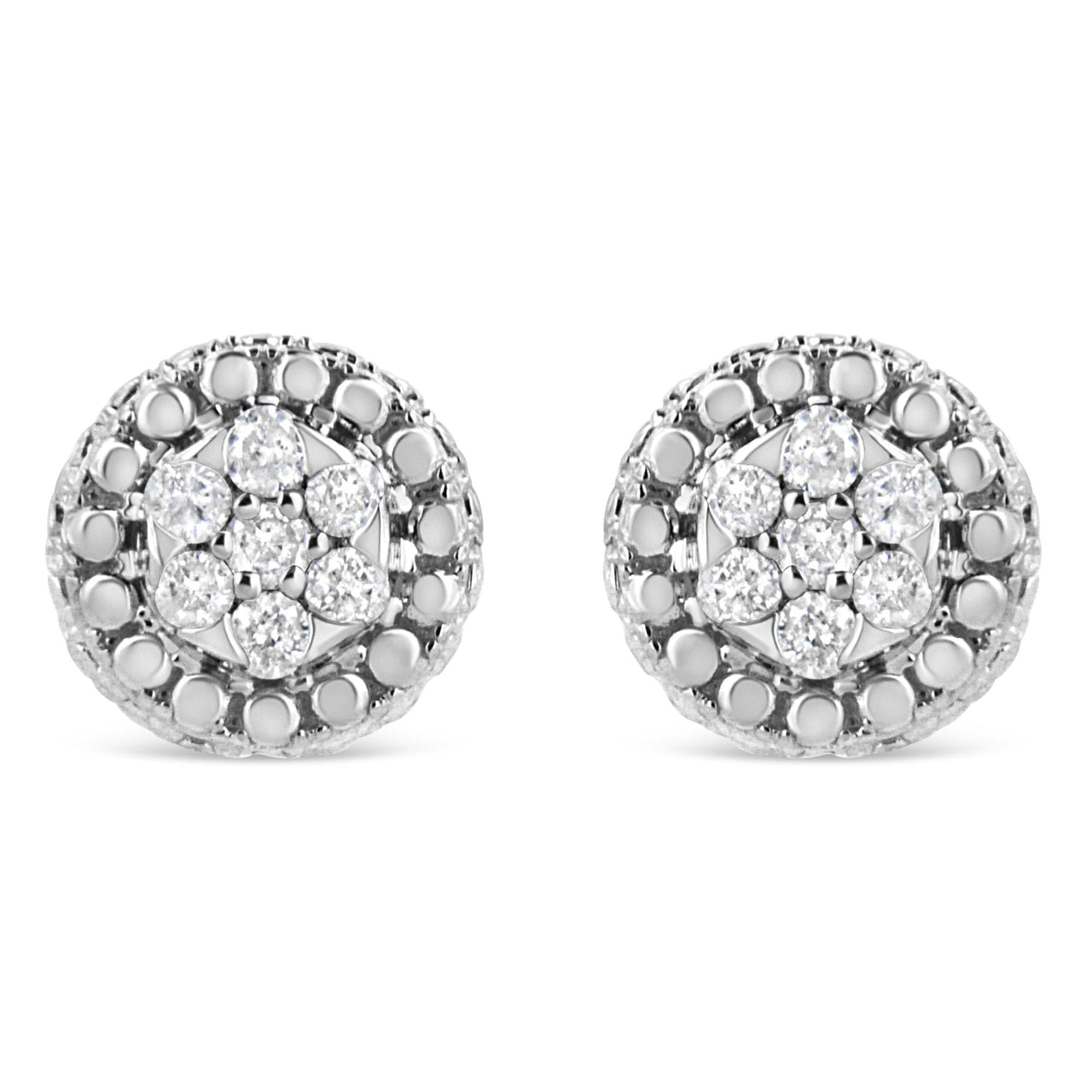 .925 Sterling Silver 1/3 Cttw 7 Stone Pave Set Diamond Beaded Stud Earrings (I-J Color, I2-I3 Clarity)