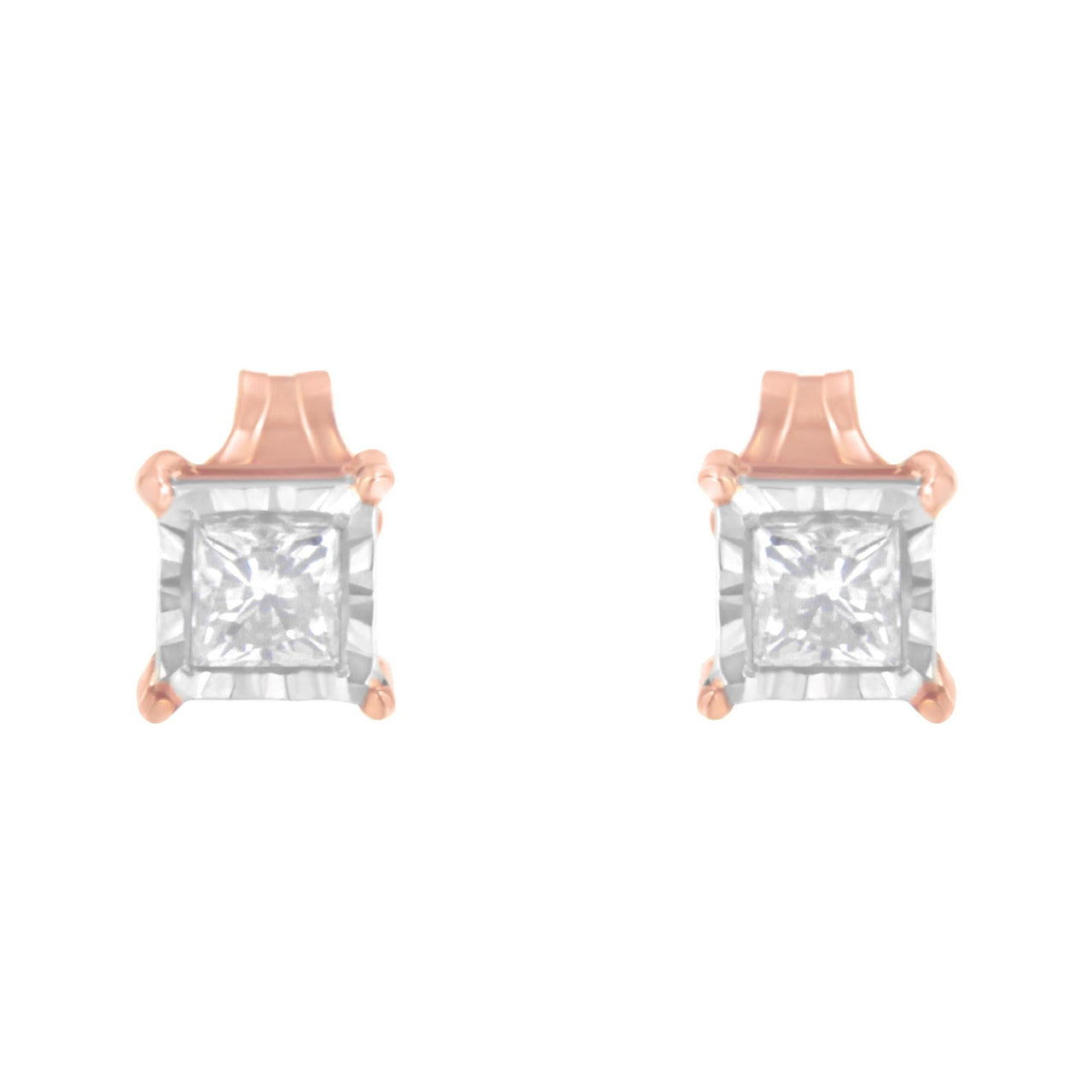 14K Rose Gold Plated Two-Tone .925 Sterling Silver 1/2 Cttw Princess-Cut Square Near Colorless Diamond Solitaire Miracle-Plate Stud Earrings (J-K Color, I2-I3 Clarity)