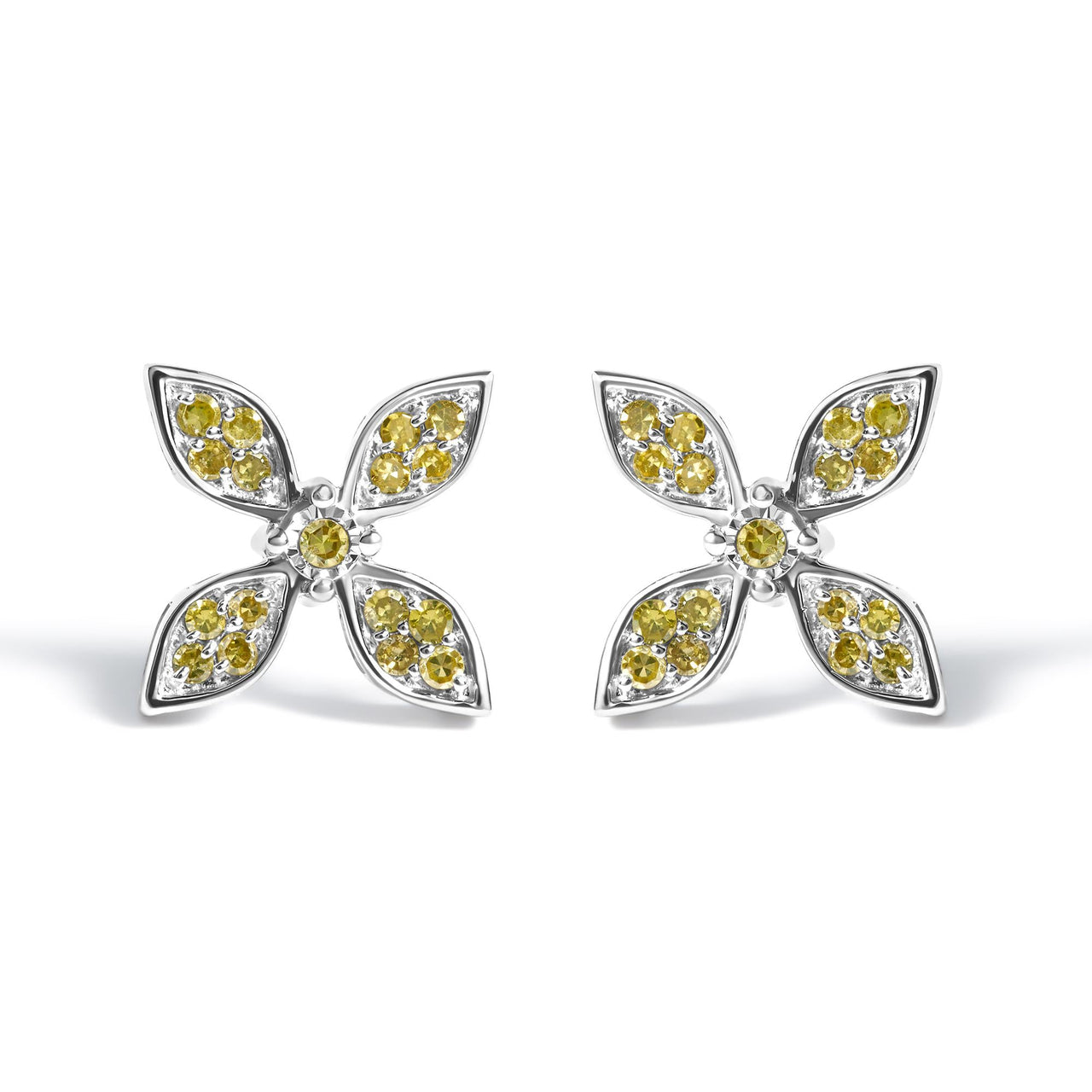 Sterling Silver Yellow Treated Diamond Accent Floral Stud Earrings