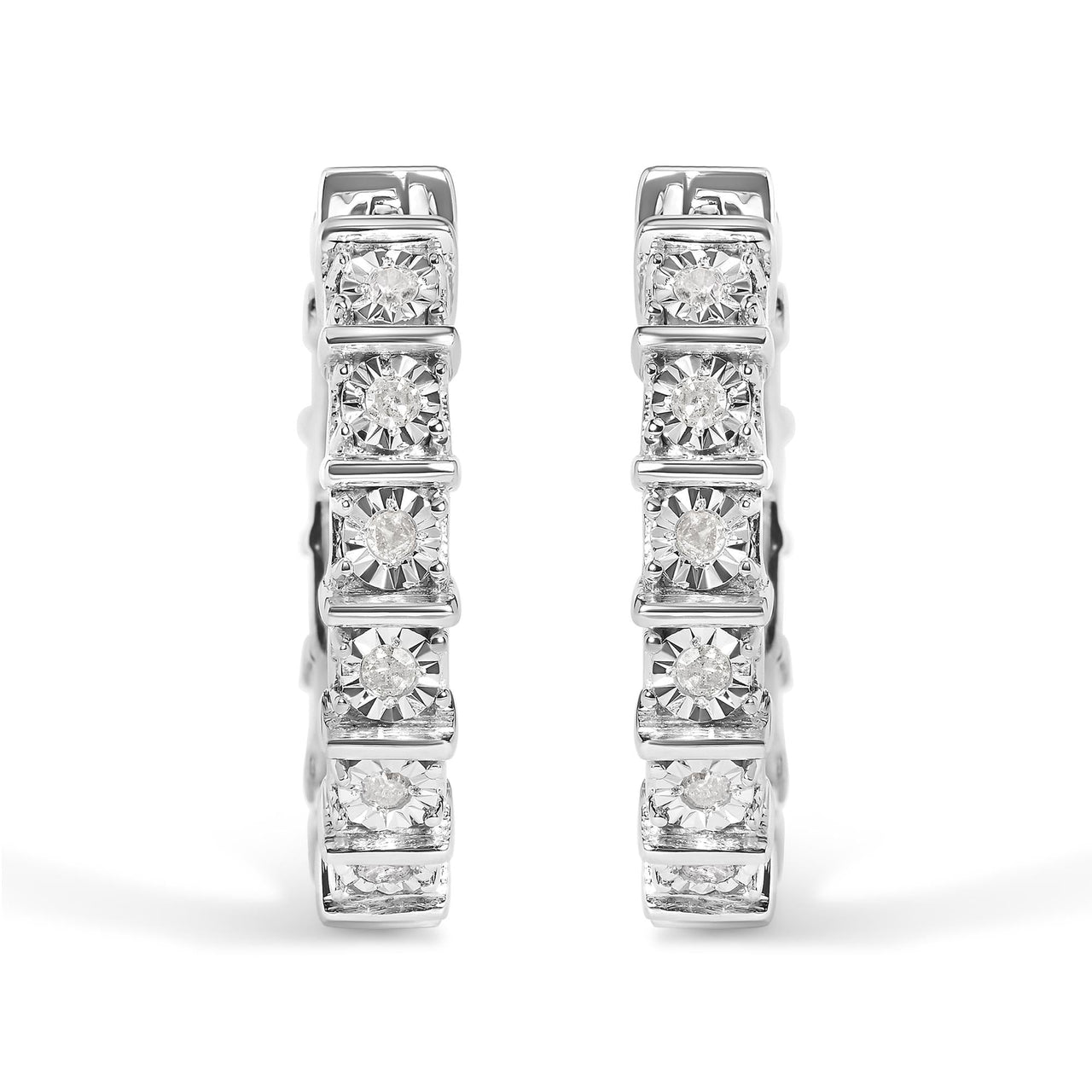 .925 Sterling Silver 1/2 Cttw Diamond Bar and Plate Eternity Hoop Earrings (I-J Color, I3 Clarity)