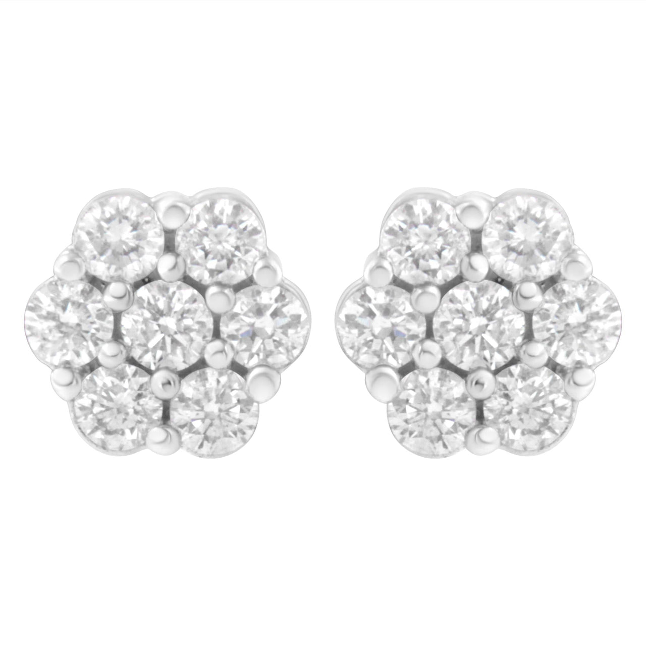 14K White Gold 7 Stone Floral Cluster Round Brilliant Cut Diamond Stud Earrings with Screw Backs(I-J, SI2-I1)