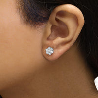 14K White Gold 7 Stone Floral Cluster Round Brilliant Cut Diamond Stud Earrings with Screw Backs(I-J, SI2-I1)