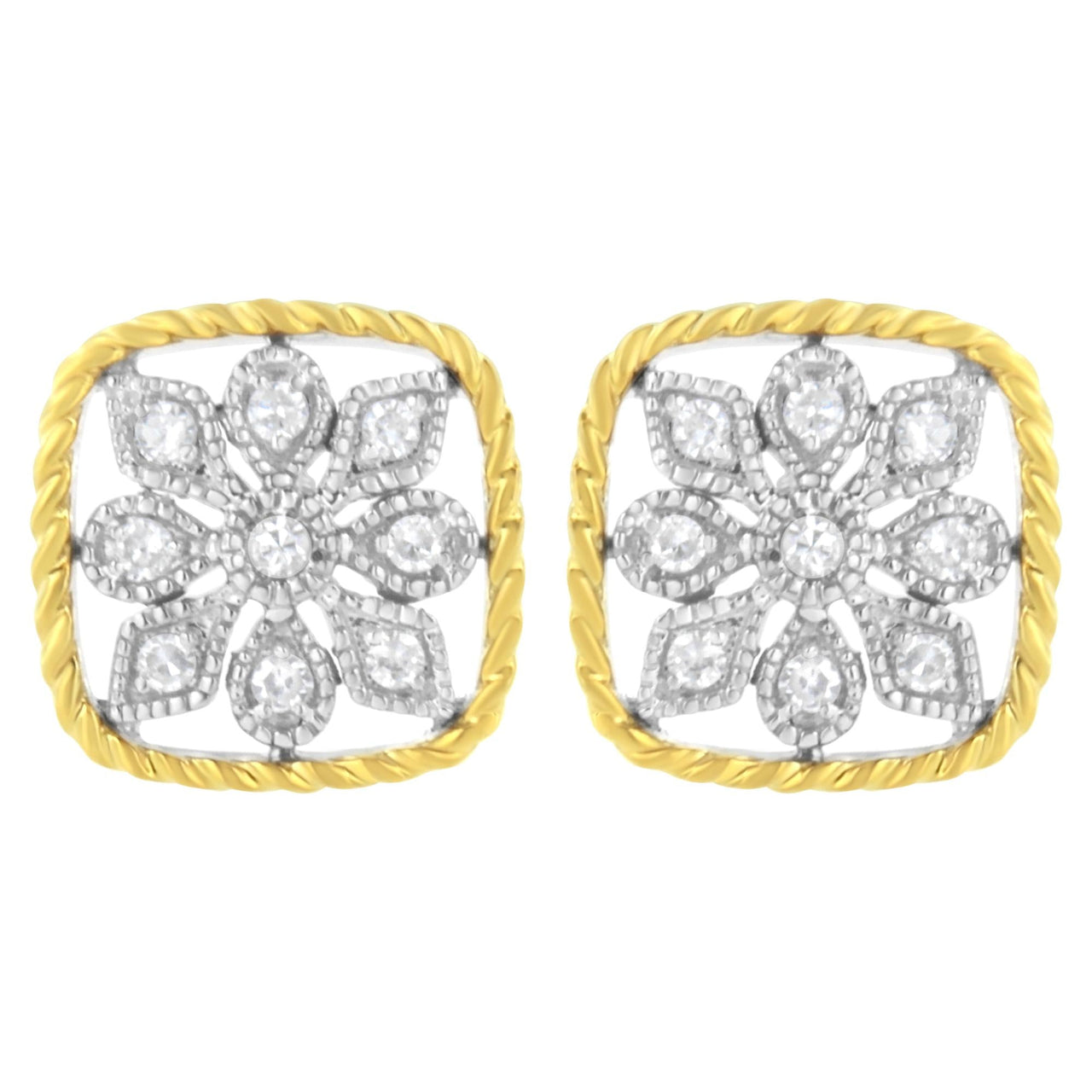 10K Yellow Gold Plated .925 Sterling Silver 1/4 cttw Diamond "Flower in a Box" Stud Earrings (I-J Color, I2-I3 Clarity)