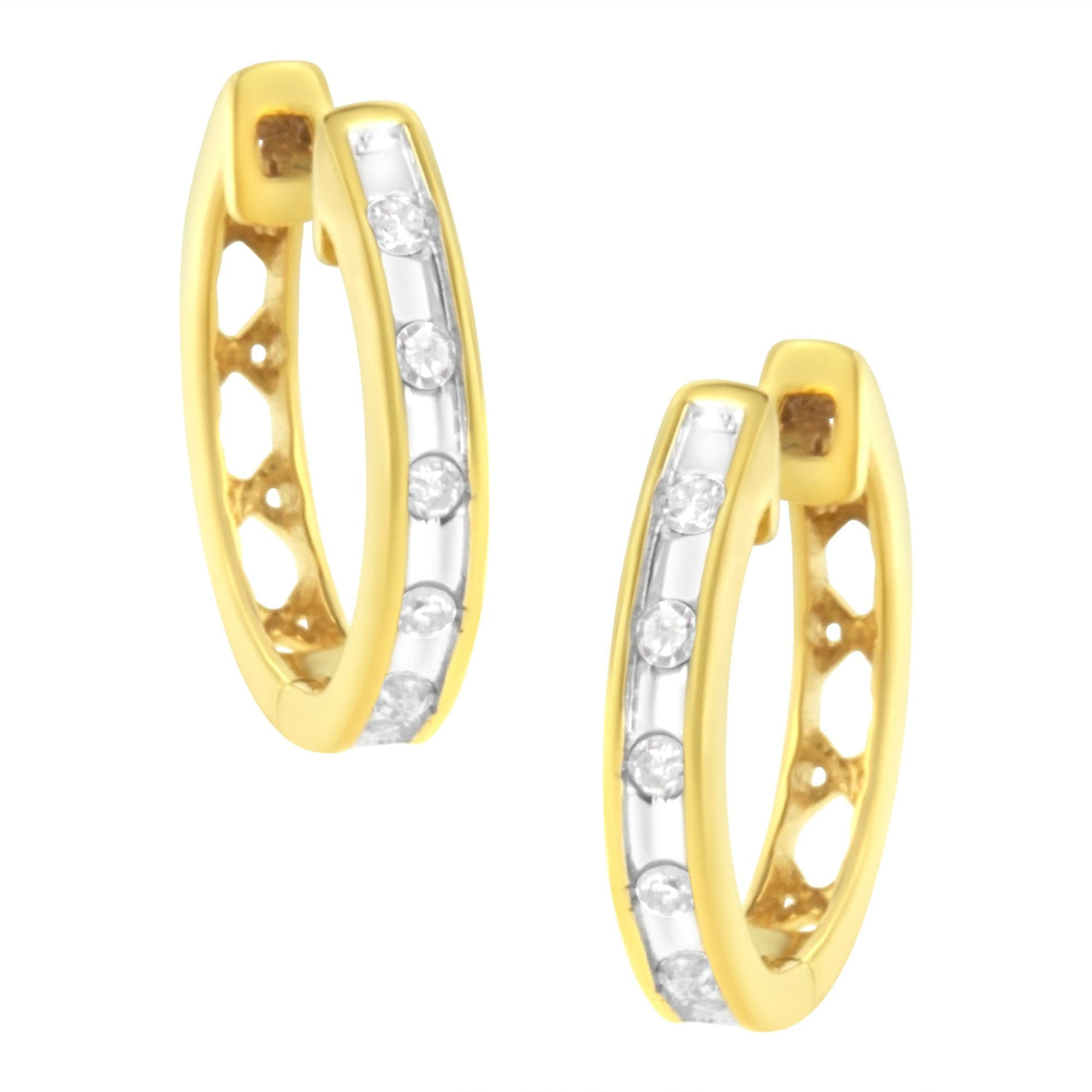 10K Yellow Gold Plated .925 Sterling Silver Channel Set Round-Cut Diamond Accent Classic Hoop Earrings (I-J Color, I1-I2 Clarity)