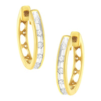 10K Yellow Gold Plated .925 Sterling Silver Channel Set Round-Cut Diamond Accent Classic Hoop Earrings (I-J Color, I1-I2 Clarity)