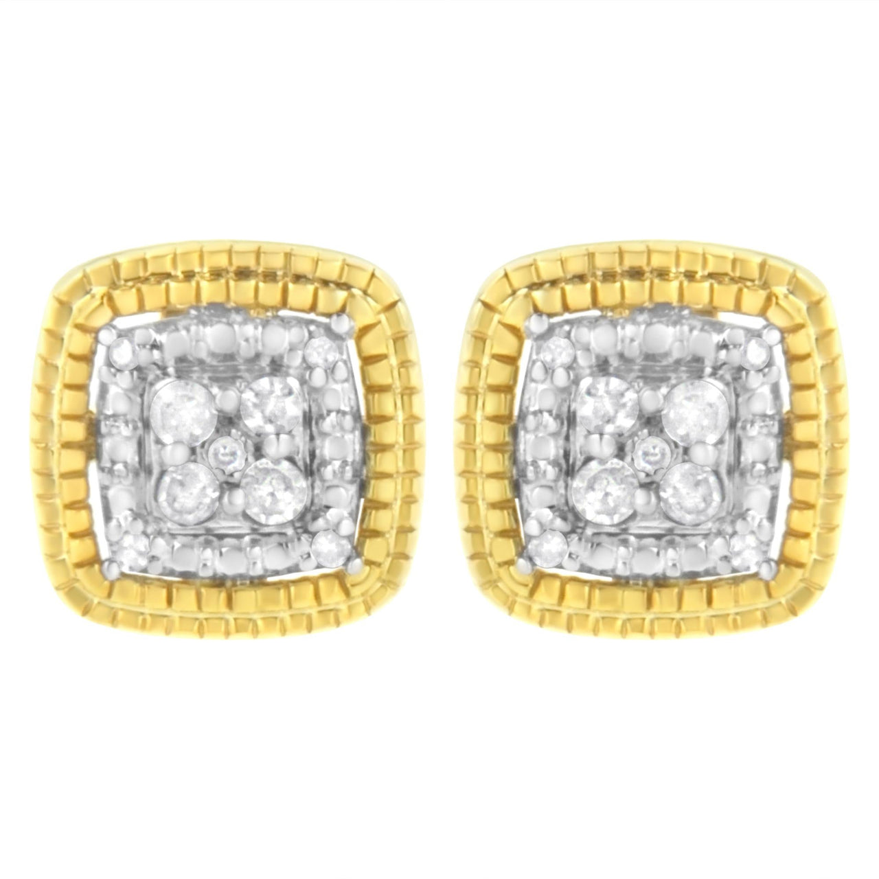 .925 Sterling Silver 1/10 Cttw Prong-Set Round Cut Diamond Square Shape with Milgrain Halo Stud Earrings (I-J Color, I2-I3 Clarity)
