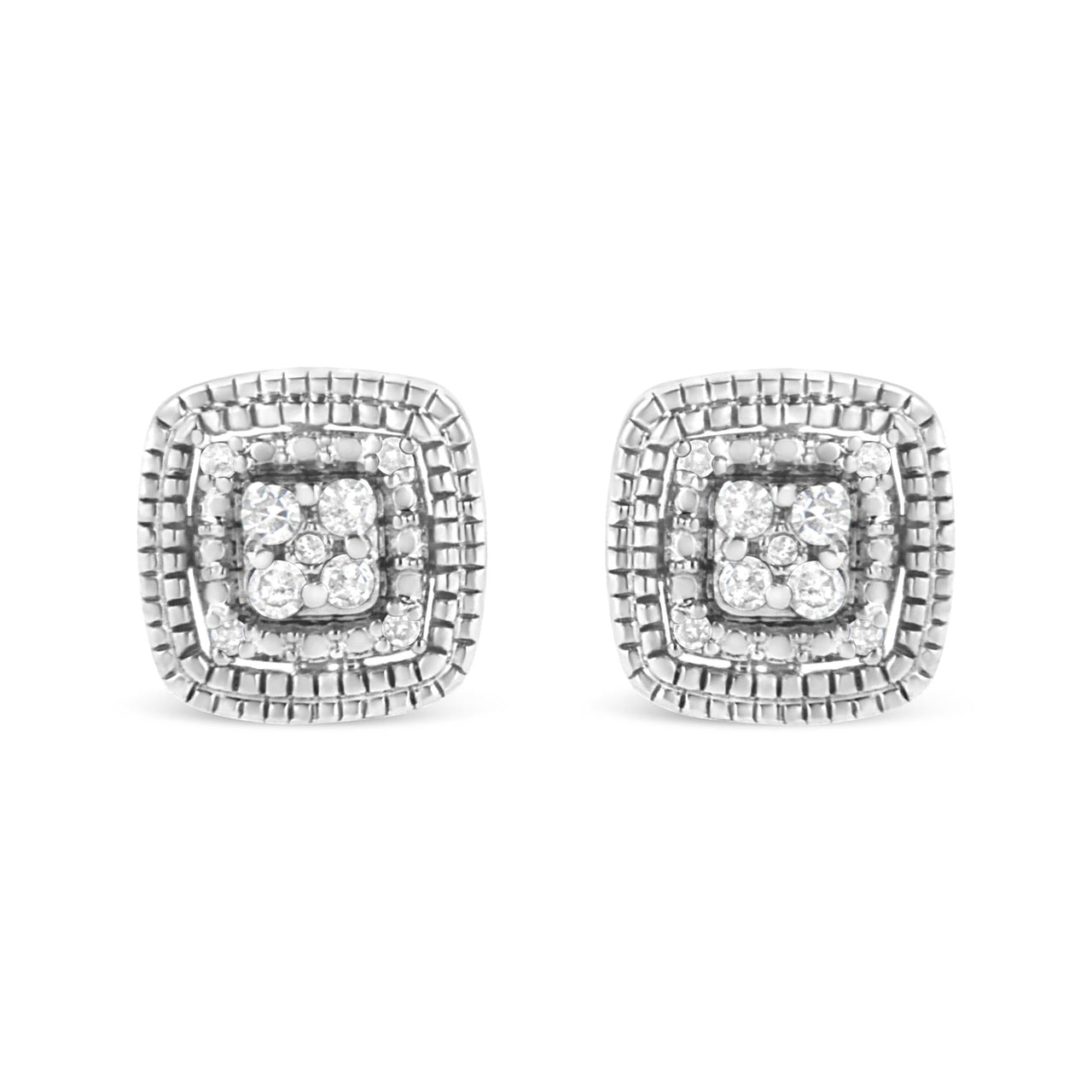 .925 Sterling Silver 1/10 Cttw Prong-Set Round Cut Diamond Square Shape with Milgrain Halo Stud Earrings (I-J Color, I2-I3 Clarity)