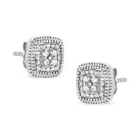 .925 Sterling Silver 1/10 Cttw Prong-Set Round Cut Diamond Square Shape with Milgrain Halo Stud Earrings (I-J Color, I2-I3 Clarity)