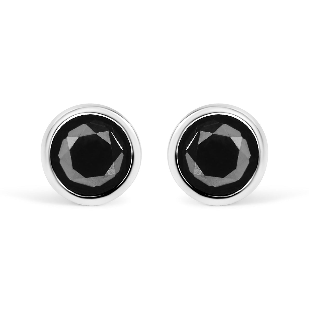 14K White Gold Round Brilliant-Cut Black Diamond Bezel-Set Stud Earrings with Screw Backs (Fancy Color-Enhanced, I2-I3 Clarity)
