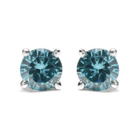 14K Gold 1/2 Cttw Aqua Blue Diamond Screw-Back 4-Prong Classic Stud Earrings (Color Treated, I2-I3)