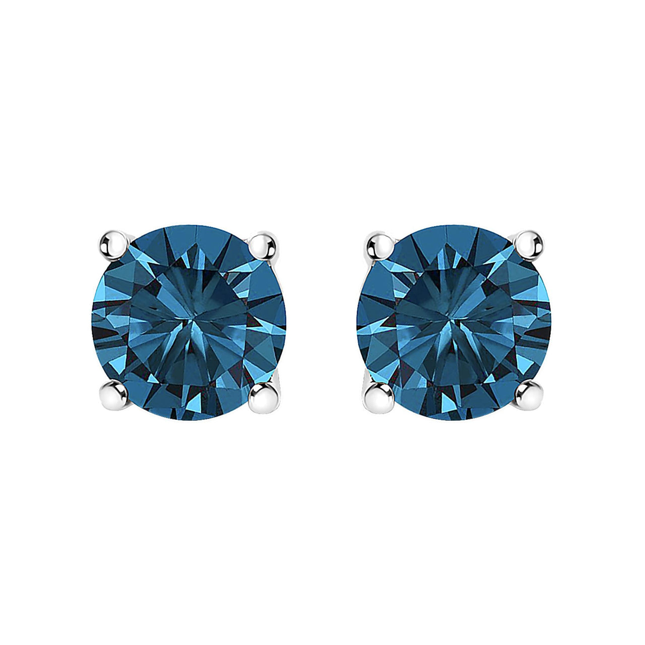 14K Gold Round Brilliant Cut Lab Grown Blue Diamond 4-Prong Classic Solitaire Stud Earrings with Pushbacks