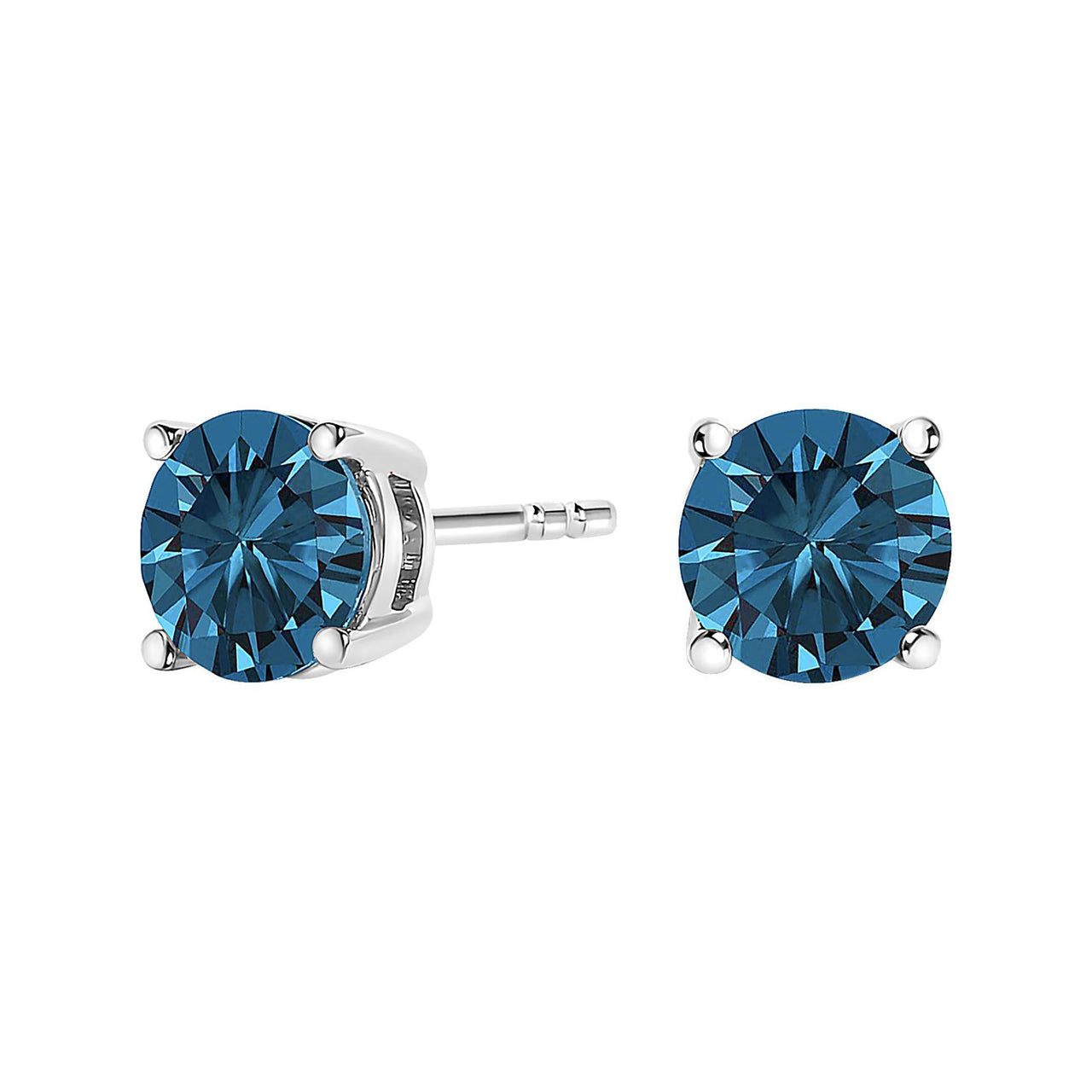 14K Gold Round Brilliant Cut Lab Grown Blue Diamond 4-Prong Classic Solitaire Stud Earrings with Pushbacks