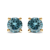 14K Gold 1/2 Cttw Aqua Blue Diamond Screw-Back 4-Prong Classic Stud Earrings (Color Treated, I2-I3)