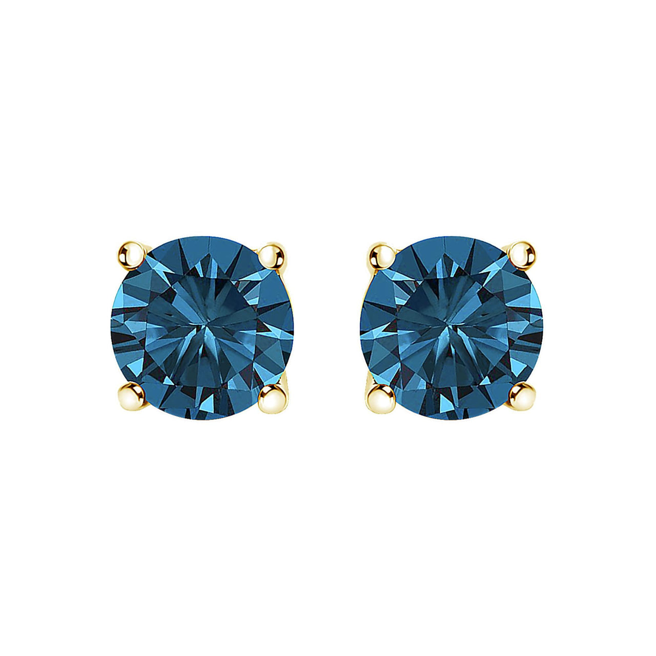 14K Gold Round Brilliant Cut Lab Grown Blue Diamond 4-Prong Classic Solitaire Stud Earrings with Pushbacks