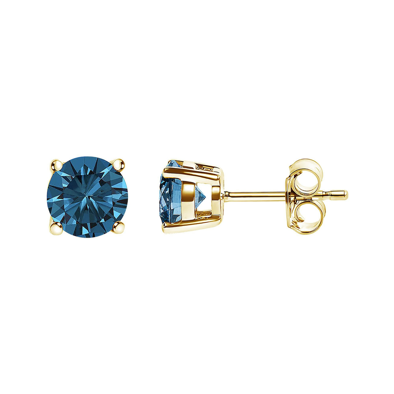 14K Gold Round Brilliant Cut Lab Grown Blue Diamond 4-Prong Classic Solitaire Stud Earrings with Pushbacks