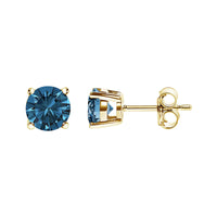 14K Gold Round Brilliant Cut Lab Grown Blue Diamond 4-Prong Classic Solitaire Stud Earrings with Pushbacks