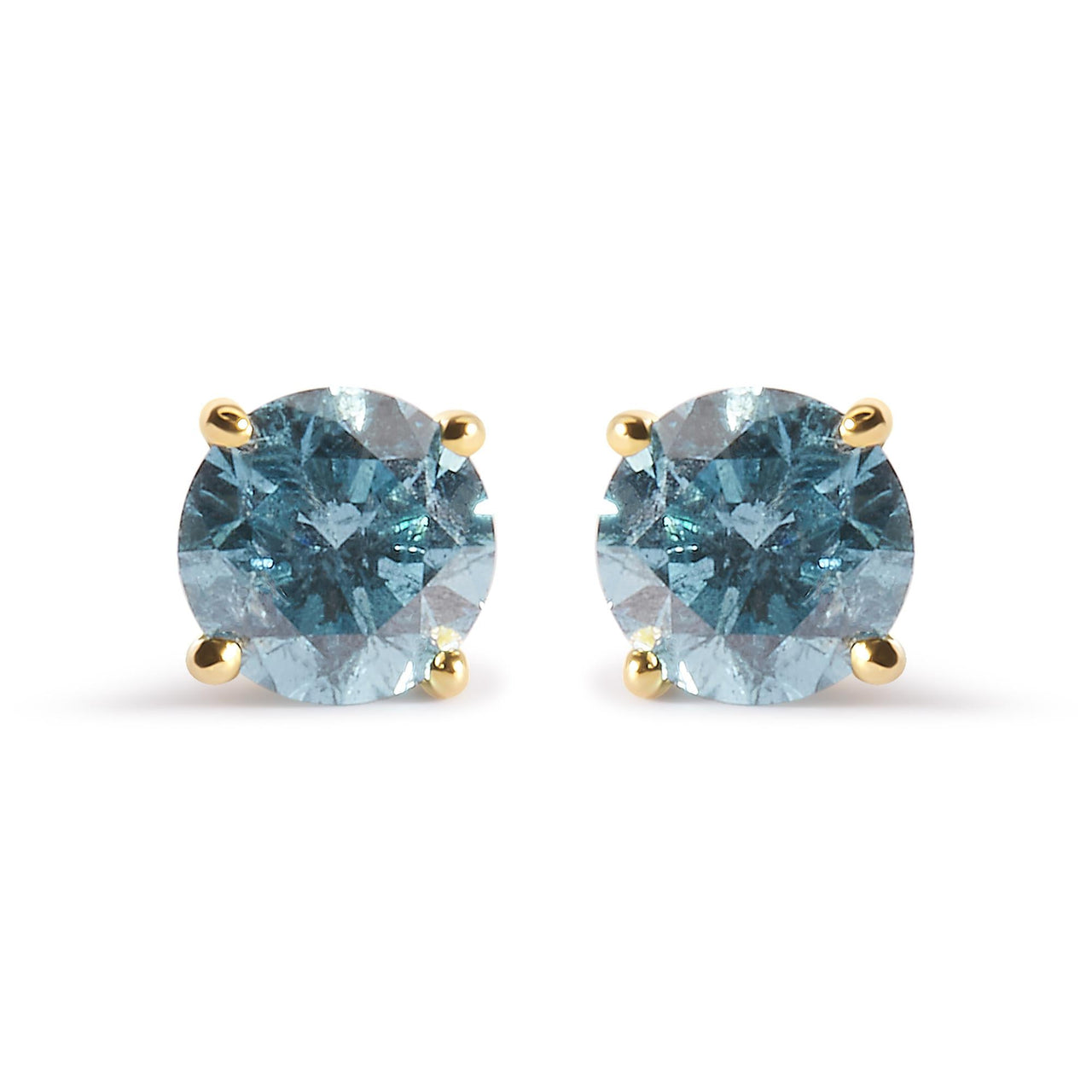 14K Yellow Gold 1.0 Cttw Treated Aqua Blue Diamond Classic Solitaire Stud Earrings (Aqua Blue Color, I2-I3 Clarity)