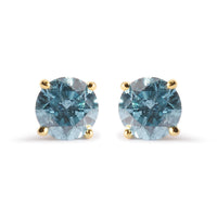 14K Yellow Gold 1.0 Cttw Treated Aqua Blue Diamond Classic Solitaire Stud Earrings (Aqua Blue Color, I2-I3 Clarity)