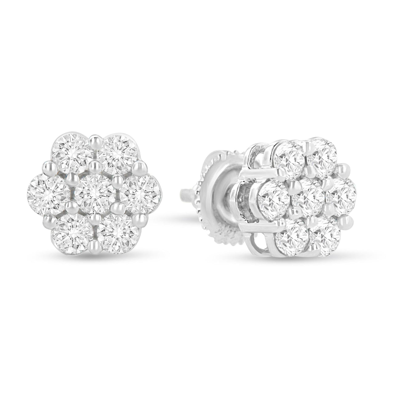 14K White Gold 1 1/2 cttw Prong Set Round-Cut Diamond Floral Cluster Stud Earrings (I-J Color, SI1-SI2 Clarity)