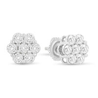 14K White Gold 1 1/2 cttw Prong Set Round-Cut Diamond Floral Cluster Stud Earrings (I-J Color, SI1-SI2 Clarity)