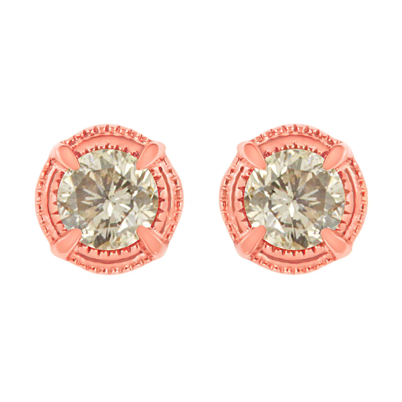 .925 Sterling Silver Round Brilliant Cut Diamond Solitaire Milgrain Stud Earrings