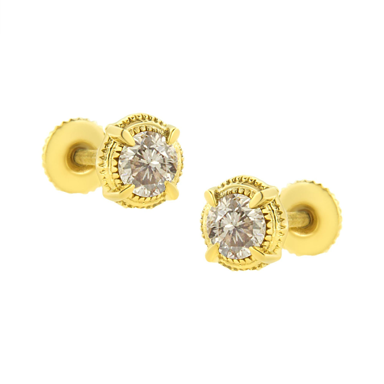 .925 Sterling Silver Round Brilliant Cut Diamond Solitaire Milgrain Stud Earrings