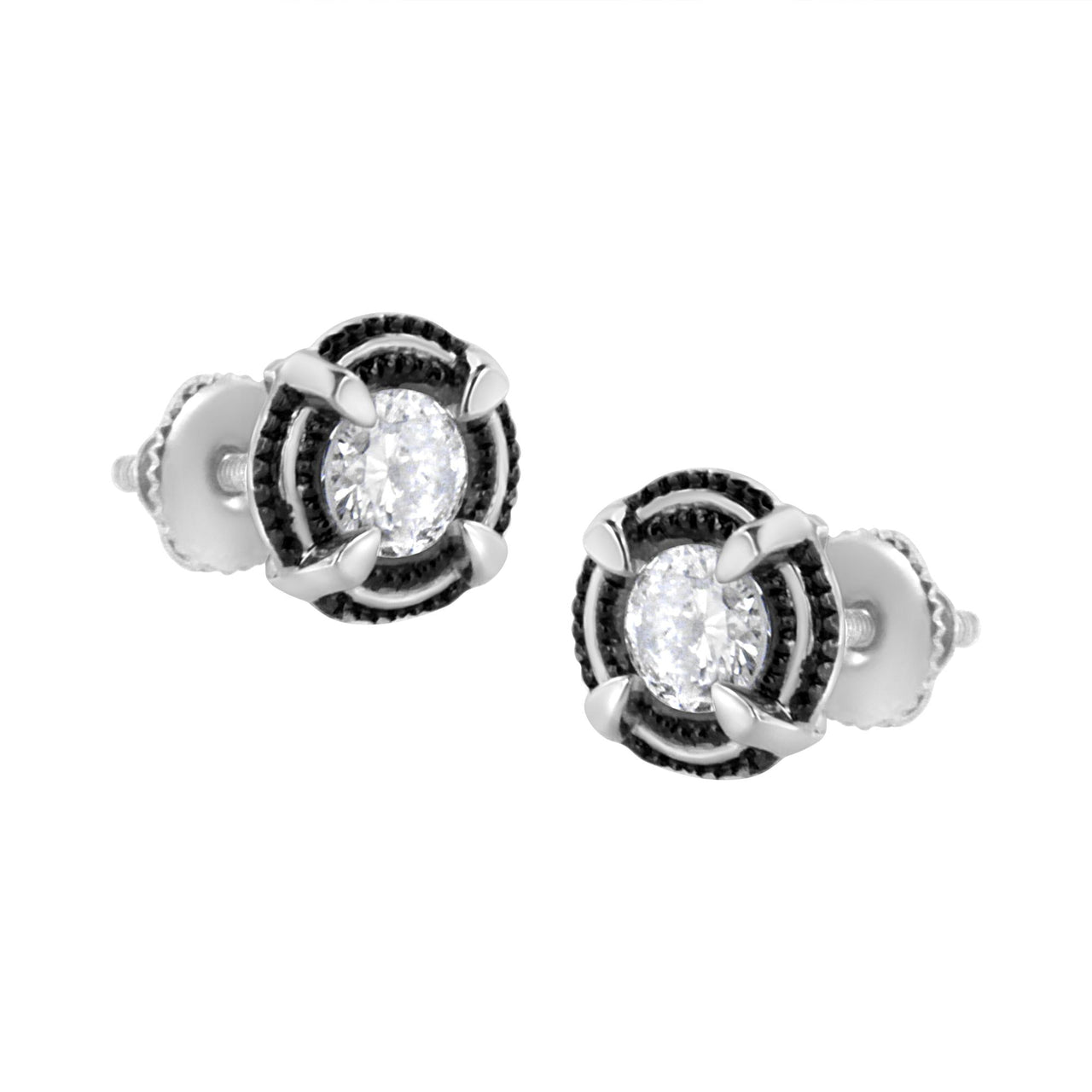 Black Rhodium Plated .925 Sterling Silver Round Diamond Double Halo 4-Prong Solitaire Milgrain Stud Earrings