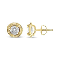 .925 Sterling Silver Round Brilliant Cut Diamond Solitaire Milgrain Stud Earrings