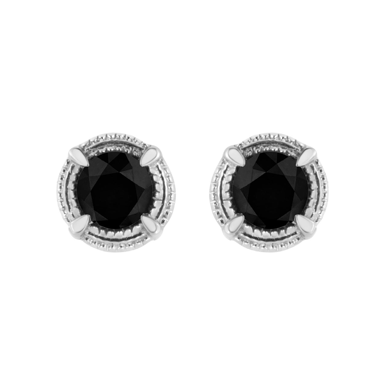 .925 Sterling Silver Treated Colored Diamond Modern 4-Prong Solitaire Milgrain Stud Earrings