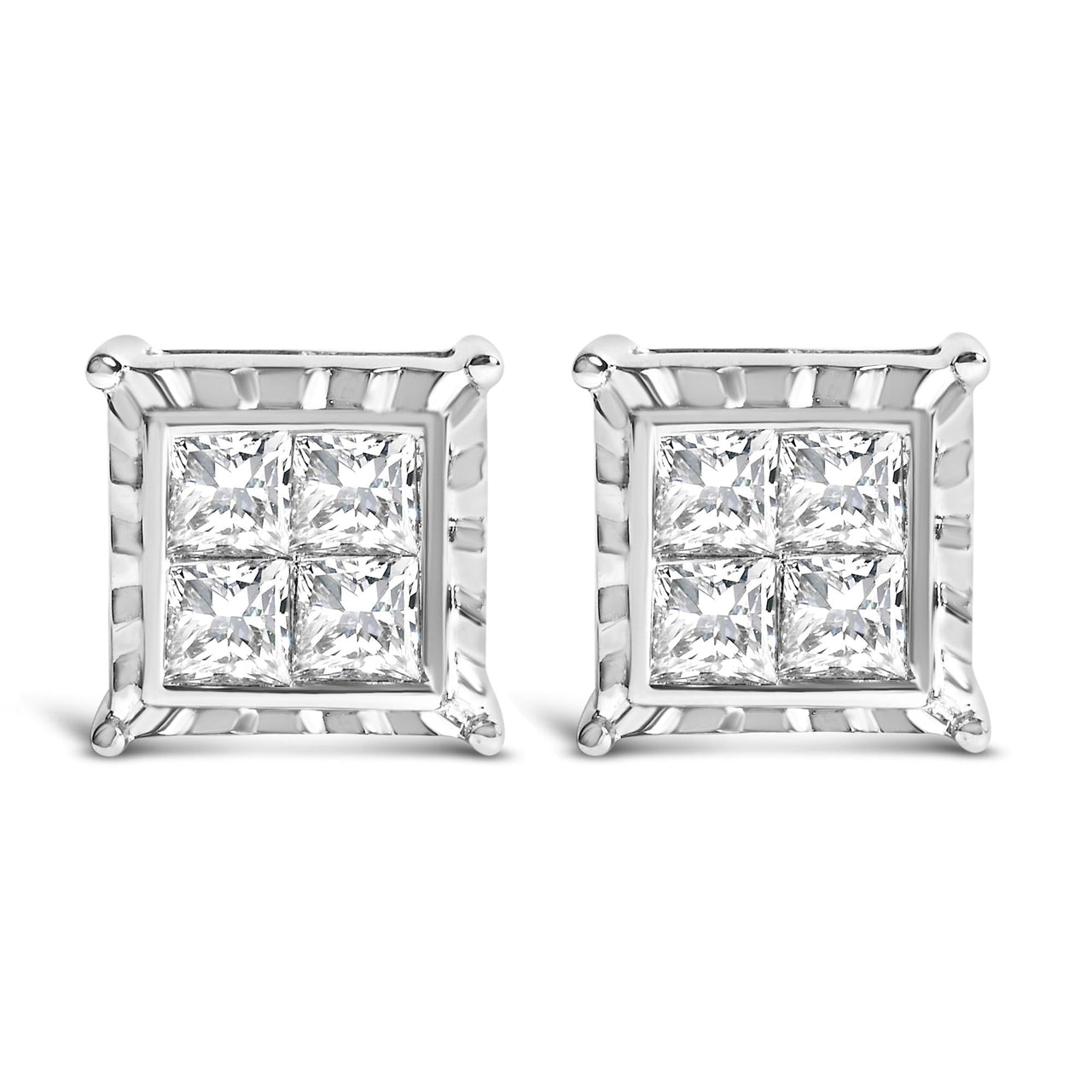 14K White Gold 1 1/2 Cttw Invisible Set Princess-Cut Diamond Contemporary Wavy Quad Stud Earrings (I-J Color, I1-I2 Clarity)