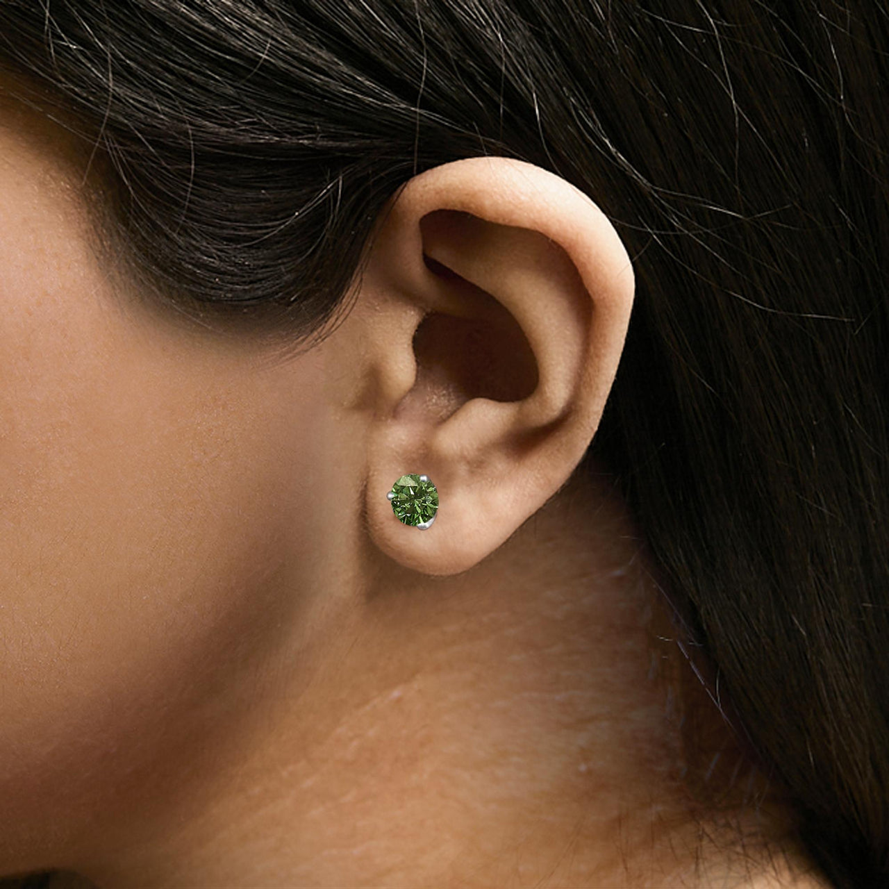 14K Gold 3-Prong Martini Set Lab Grown Green Diamond Solitaire Stud Earrings