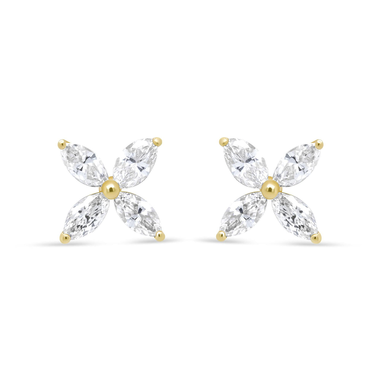 14K Gold Marquise Diamond 8 Stone Floral Leaf Stud Earrings (I-J Color, SI2-I1 Clarity)