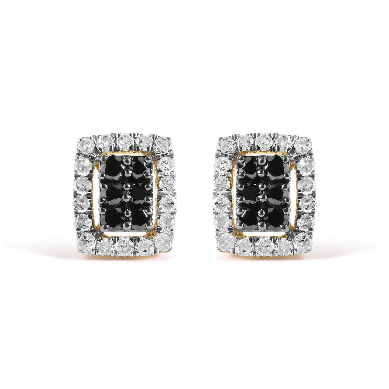Men's 10K Yellow Gold 1.00 Cttw White and Black Diamond Emerald Shape Halo Stud Earring (Black / I-J Color, I2-I3 Clarity)