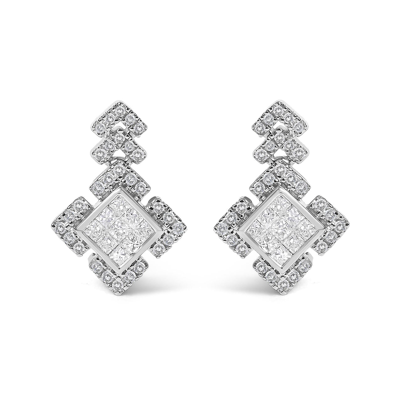 10K White Gold 3/5 Cttw Princess Diamond Geometric Drop Earrings