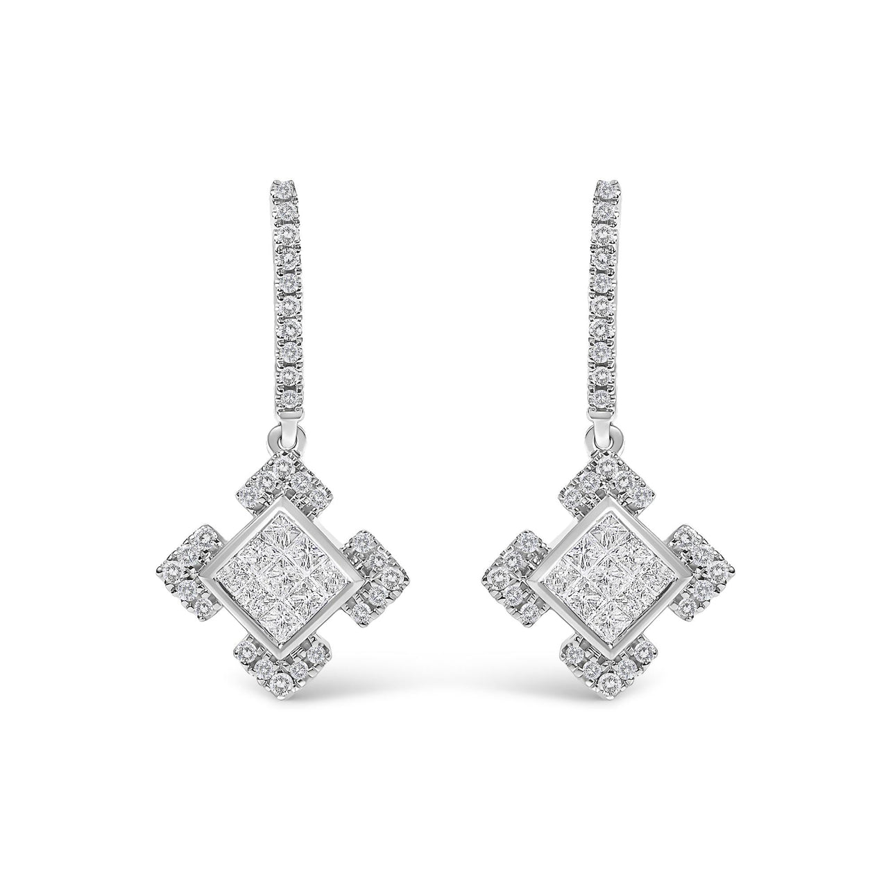 10K White Gold Princess and Round Diamond Geometric Composite Dangle Earrings