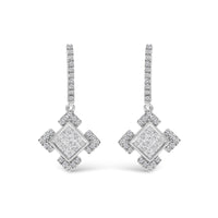 10K White Gold Princess and Round Diamond Geometric Composite Dangle Earrings