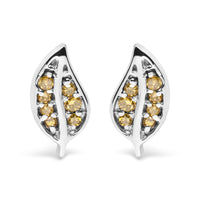 .925 Sterling Silver Yellow Diamond Accent Leaf Stud Earrings
