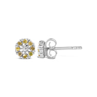 925 Sterling Silver 1/10 Cttw Yellow Diamond Floral Cluster Stud Earrings (Yellow Color, I3 Clarity)