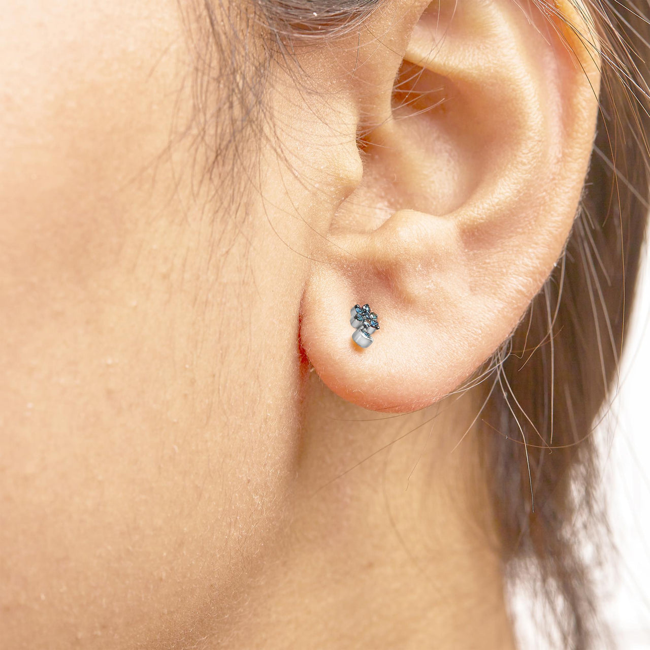 .925 Sterling Silver 1/10 Cttw Blue Diamond Star Stud with Bezel Drop Dangle Earrings (Blue Color, I2-I3 Clarity)
