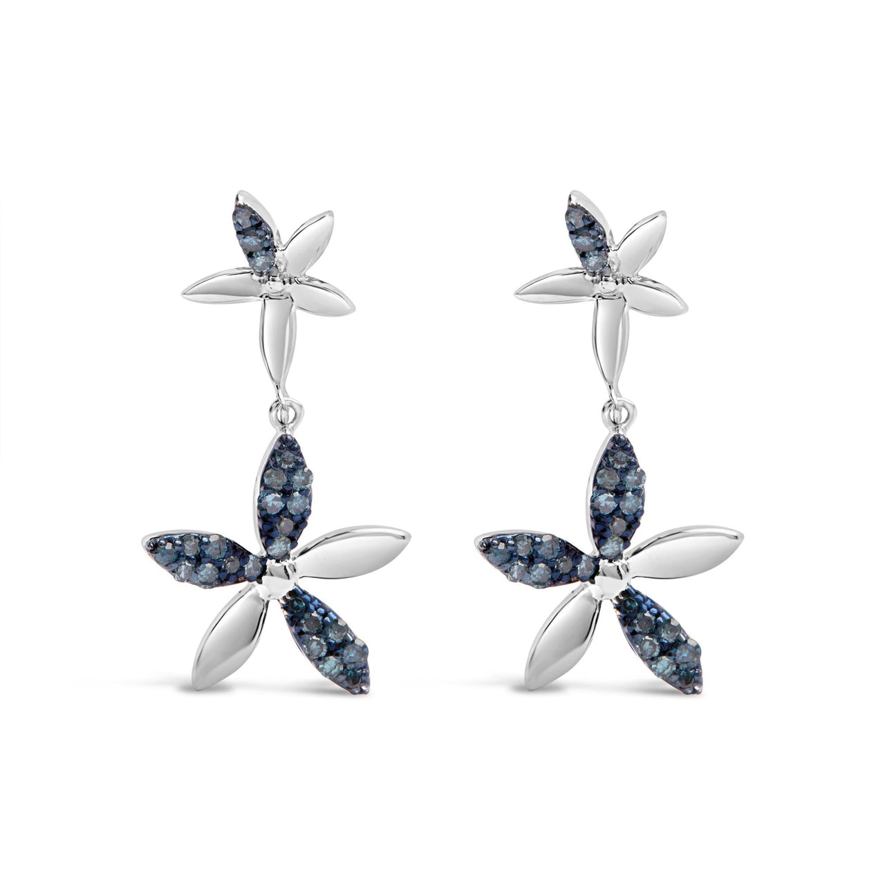 .925 Sterling Silver 1/5ct Cttw Blue Diamond Double Star Drop and Dangle Earrings (Blue Color, SI1-SI2 Clarity)