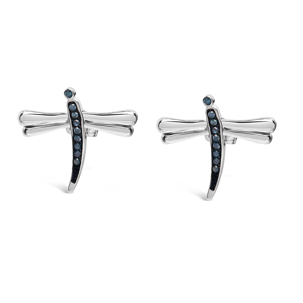 .925 Sterling Silver Blue Diamond Accent Dragonfly Stud Earrings (Blue Color, I2-I3 Clarity)