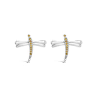 .925 Sterling Silver Yellow Diamond Accent Dragonfly Stud Earrings (Yellow Color, I2-I3 Clarity)